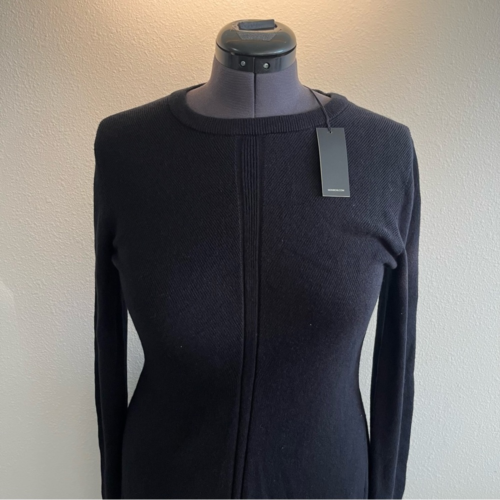 NWT Monrow Black Cotton Cashmere Long Sleeve Fit & Flare Knit Mini Sweater Dress - Picture 4 of 9
